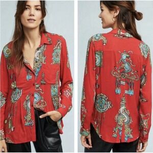 MAEVE‎ Anthropologie SZ 0 Blouse Whimsy Antique Clocks Red Shirt Top Chains